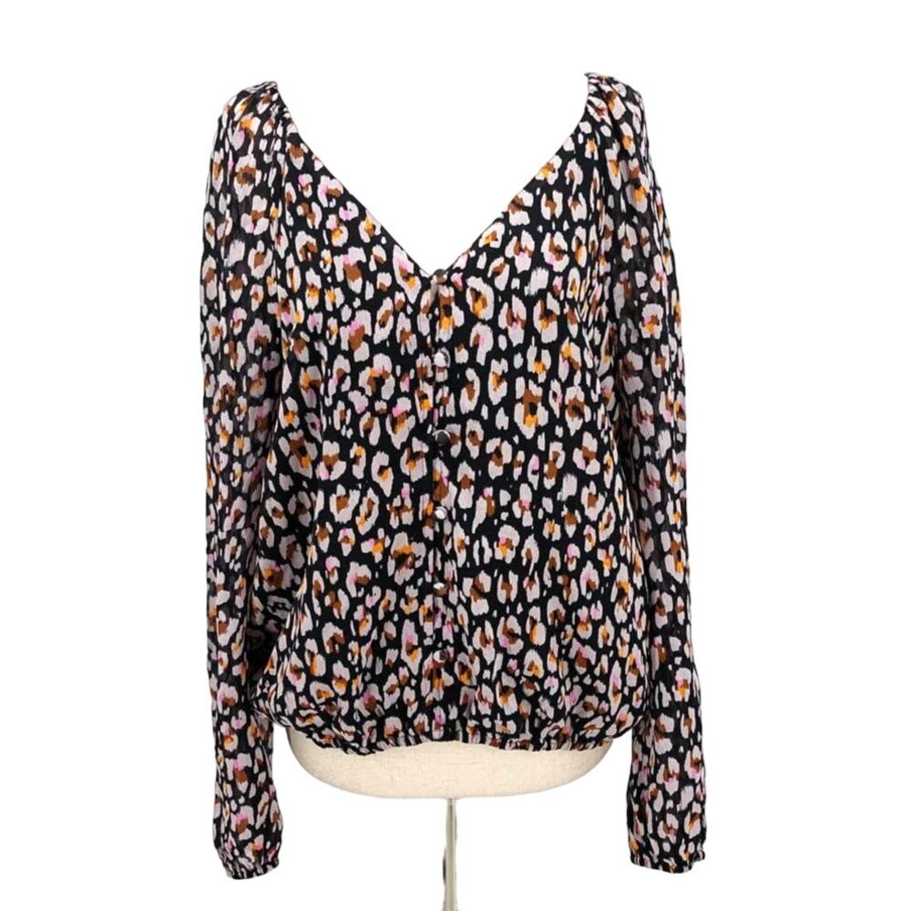 SANCTUARY SZ L black lavender animal print bubble long sleeve top blouse NEW B70